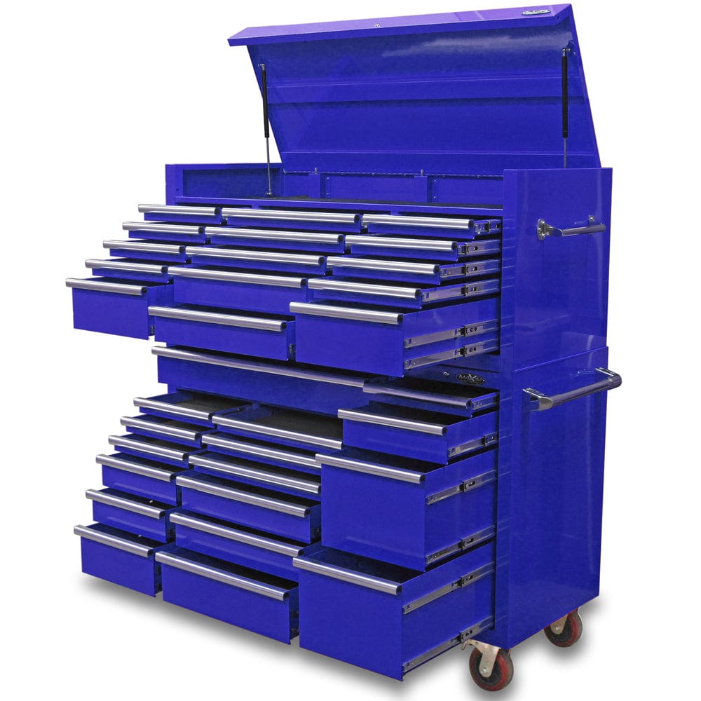 Maxim Pro Series 60” Combo - 60” Roll cabinet, 60” Top chest MAXIM 60” Blue 32 Drawer Top Chest & Roll Cabinet Toolbox - Latch Lock on Drawers