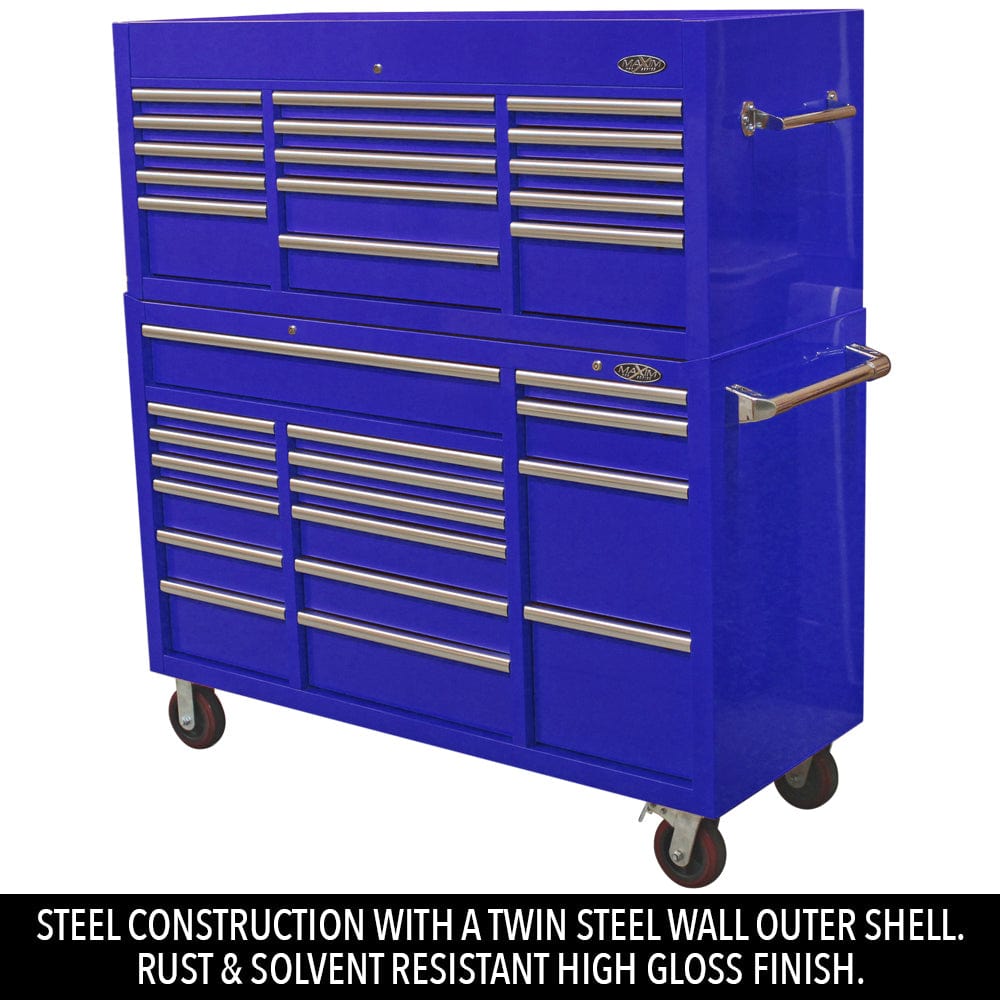 Maxim Pro Series 60” Combo - 60” Roll cabinet, 60” Top chest MAXIM 60” Blue 32 Drawer Top Chest & Roll Cabinet Toolbox - Latch Lock on Drawers