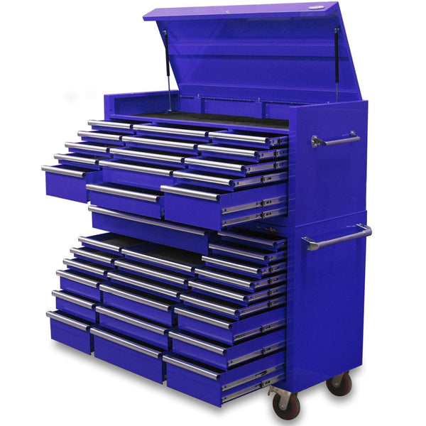 Maxim Pro Series 60” Combo - 60” Roll cabinet, 60” Top chest MAXIM 60” Blue 37 Drawer Top Chest & Roll Cabinet Toolbox - Slide Lock on Drawers