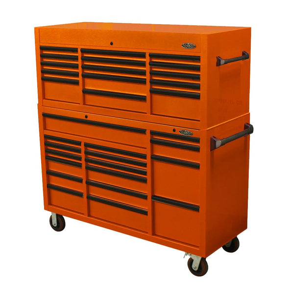 Maxim Pro Series 60” Combo - 60” Roll cabinet, 60” Top chest MAXIM 60” Orange 32 Drawer Top Chest & Roll Cabinet Toolbox