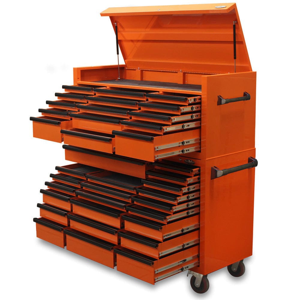 Maxim Pro Series 60” Combo - 60” Roll cabinet, 60” Top chest MAXIM 60” Orange 37 Drawer Top Chest & Roll Cabinet Toolbox
