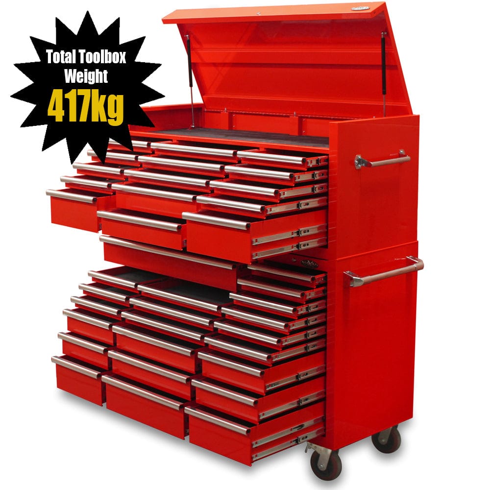 Maxim Pro Series 60” Combo - 60” Roll cabinet, 60” Top chest MAXIM 60” Red 37 Drawer Top Chest & Roll Cabinet Toolbox - Slide Lock on Drawers