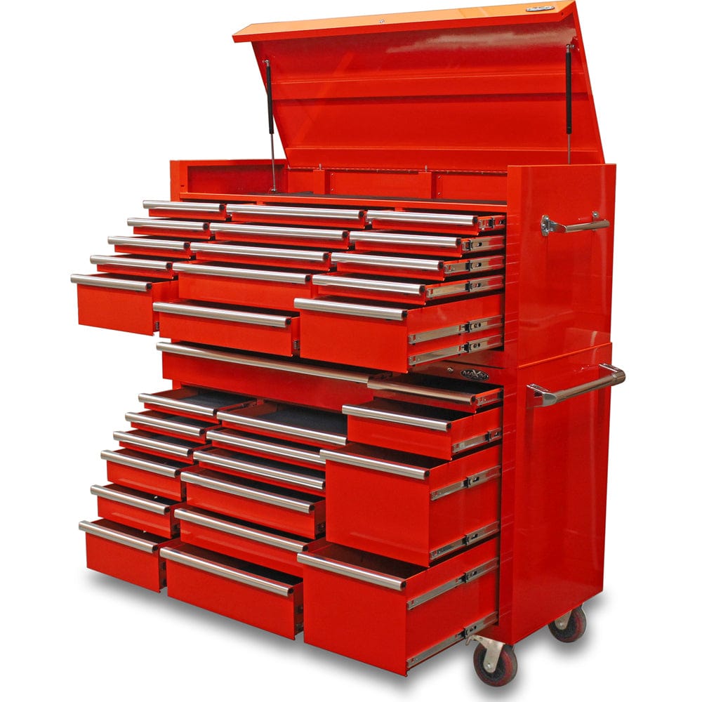 Maxim Pro Series 60” Combo - 60” Roll cabinet, 60” Top chest MAXIM 60” Red 37 Drawer Top Chest & Roll Cabinet Toolbox - Slide Lock on Drawers