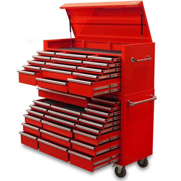 Maxim Pro Series 60” Combo - 60” Roll cabinet, 60” Top chest MAXIM 60” Red 37 Drawer Top Chest & Roll Cabinet Toolbox - Slide Lock on Drawers