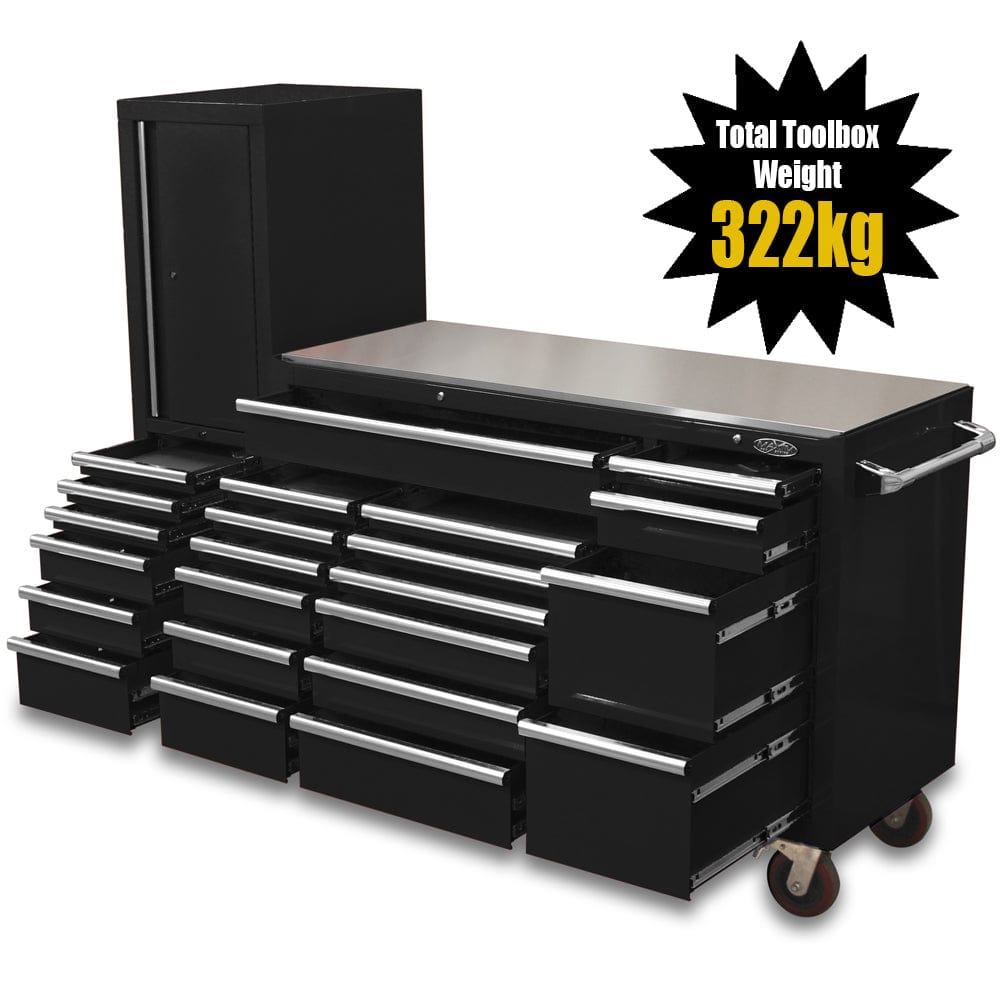 Maxim Pro Series 60” Workstation - 60” Roll cabinet, 20” Side locker +/- Stainless Steel Top MAXIM 80” Black 23 Drawer Workstation Toolbox - Roll Cabinet & Locker Mechanics Tool Box Secure Lock