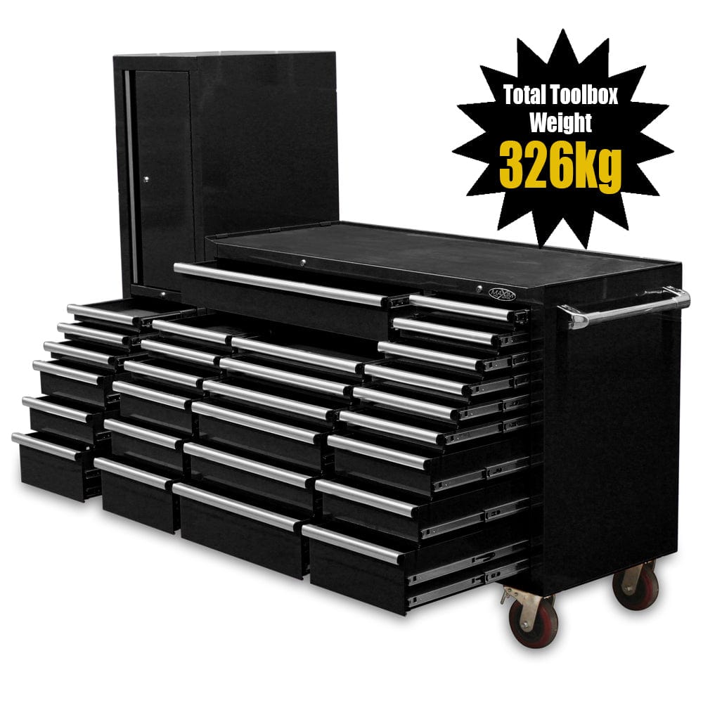 Maxim Pro Series 60” Workstation - 60” Roll cabinet, 20” Side locker +/- Stainless Steel Top MAXIM 80” Black 28 Drawer Workstation Toolbox - Roll Cabinet & Locker Workshop Tool Box Secure Lock