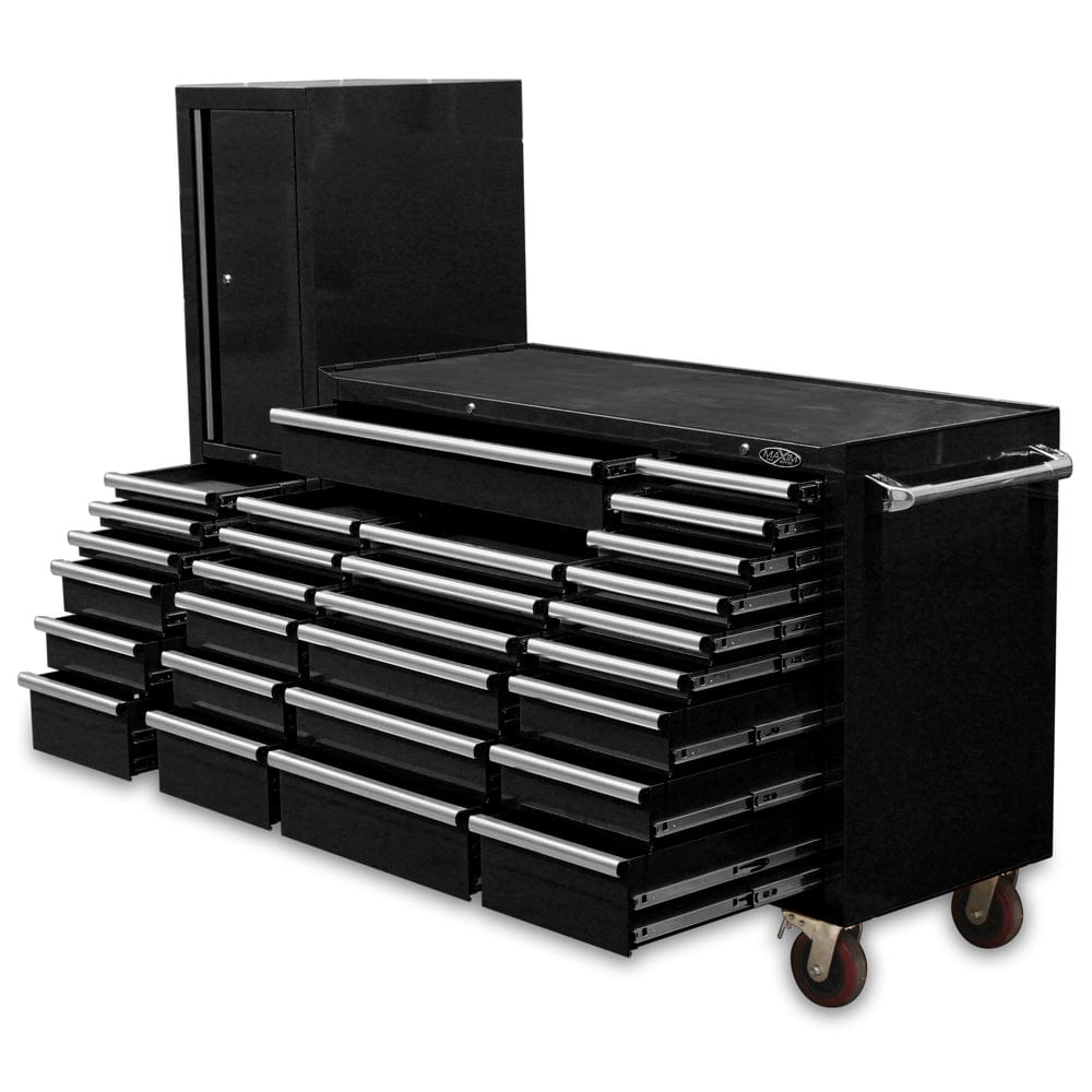 Maxim Pro Series 60” Workstation - 60” Roll cabinet, 20” Side locker +/- Stainless Steel Top MAXIM 80” Black 28 Drawer Workstation Toolbox - Roll Cabinet & Locker Workshop Tool Box Secure Lock