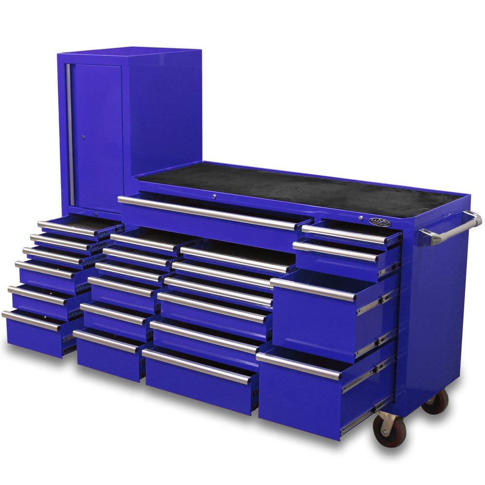 Maxim Pro Series 60” Workstation - 60” Roll cabinet, 20” Side locker +/- Stainless Steel Top MAXIM 80” Blue 23 Drawer Workstation Toolbox - Roll Cabinet & Locker Mechanics Tool Box - Latch Lock