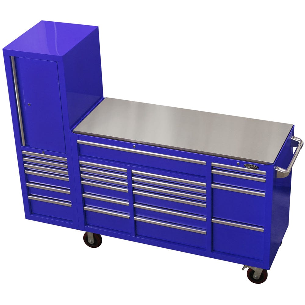 Maxim Pro Series 60” Workstation - 60” Roll cabinet, 20” Side locker +/- Stainless Steel Top MAXIM 80” Blue 23 Drawer Workstation Toolbox - Roll Cabinet & Locker Mechanics Tool Box - Latch Lock