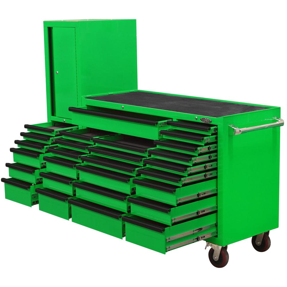 Maxim Pro Series 60” Workstation - 60” Roll cabinet, 20” Side locker +/- Stainless Steel Top MAXIM 80” Green 28 Drawer Workstation Toolbox - Roll Cabinet & Locker