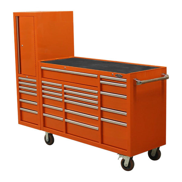 Maxim Pro Series 60” Workstation - 60” Roll cabinet, 20” Side locker +/- Stainless Steel Top MAXIM 80” Orange 23 Drawer Workstation Toolbox - Latch Lock Drawers