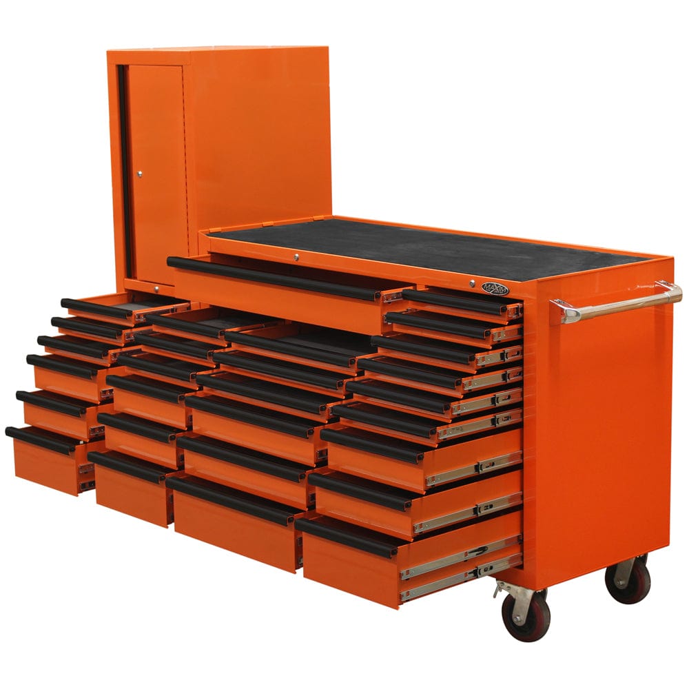 Maxim Pro Series 60” Workstation - 60” Roll cabinet, 20” Side locker +/- Stainless Steel Top MAXIM 80” Orange 28 Drawer Workstation Toolbox - Roll Cabinet & Locker Toolbox Secure Lock