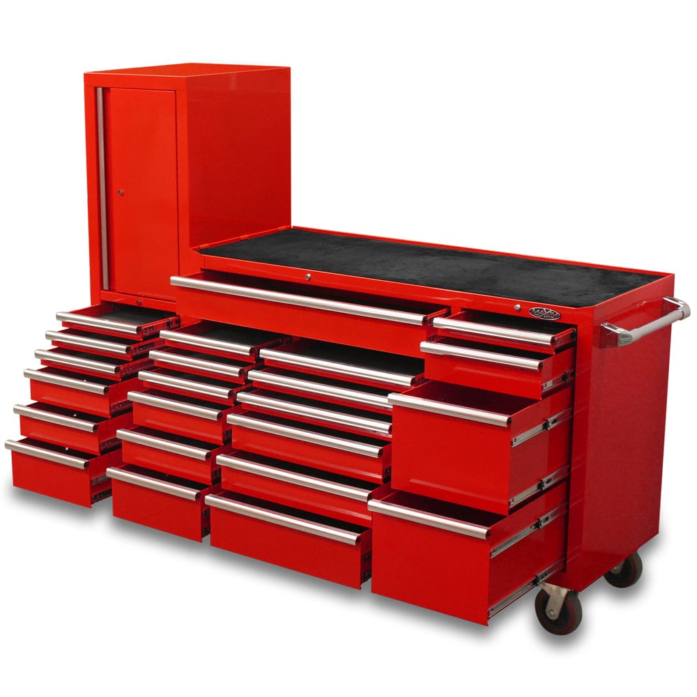 Maxim Pro Series 60” Workstation - 60” Roll cabinet, 20” Side locker +/- Stainless Steel Top MAXIM 80” Red 23 Drawer Workstation Toolbox - Roll Cabinet & Locker Mechanics Tool Box - Latch Lock