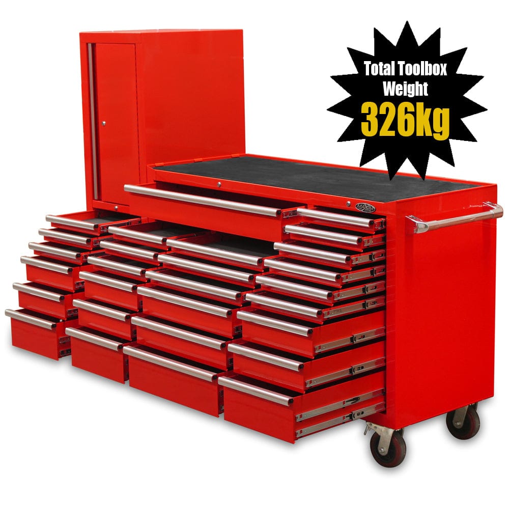 Maxim Pro Series 60” Workstation - 60” Roll cabinet, 20” Side locker +/- Stainless Steel Top MAXIM 80” Red 28 Drawer Workstation Toolbox - Roll Cabinet & Locker Workshop Tool Box Secure Lock