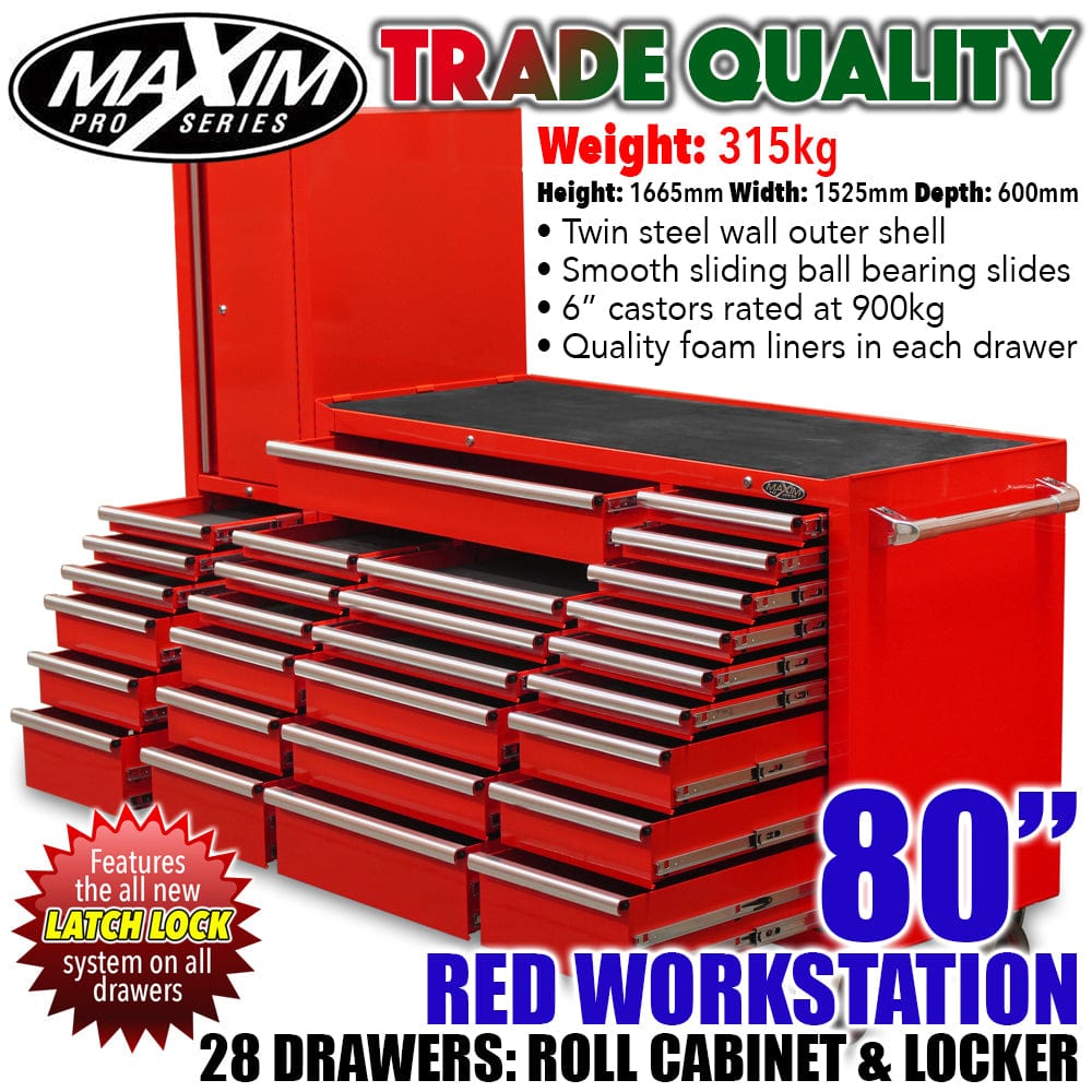 Maxim Pro Series 60” Workstation - 60” Roll cabinet, 20” Side locker +/- Stainless Steel Top MAXIM 80” Red 28 Drawer Workstation Toolbox - Roll Cabinet & Locker Workshop Tool Box Secure Lock