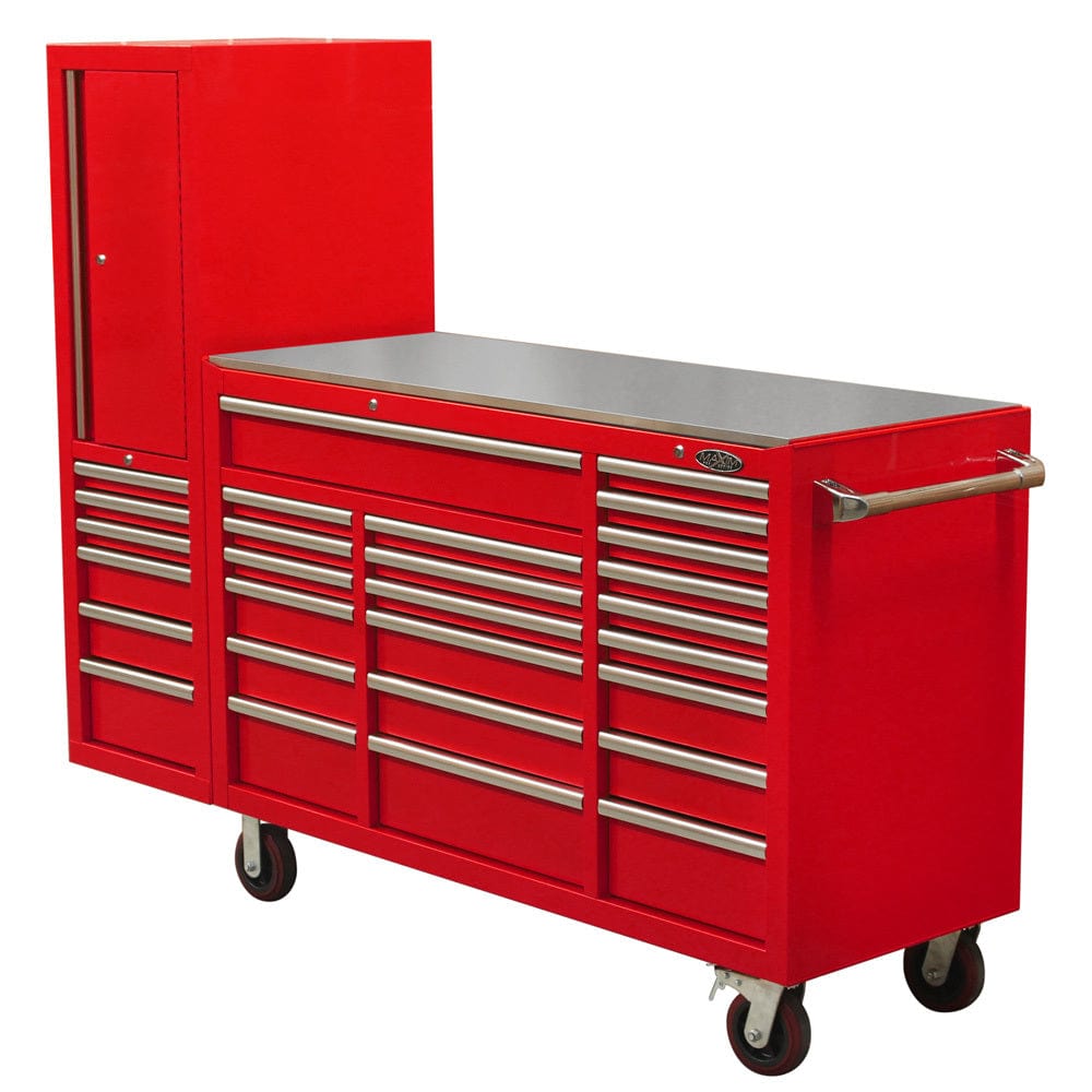 Maxim Pro Series 60” Workstation - 60” Roll cabinet, 20” Side locker +/- Stainless Steel Top MAXIM 80” Red 28 Drawer Workstation Toolbox - Roll Cabinet & Locker Workshop Tool Box Secure Lock