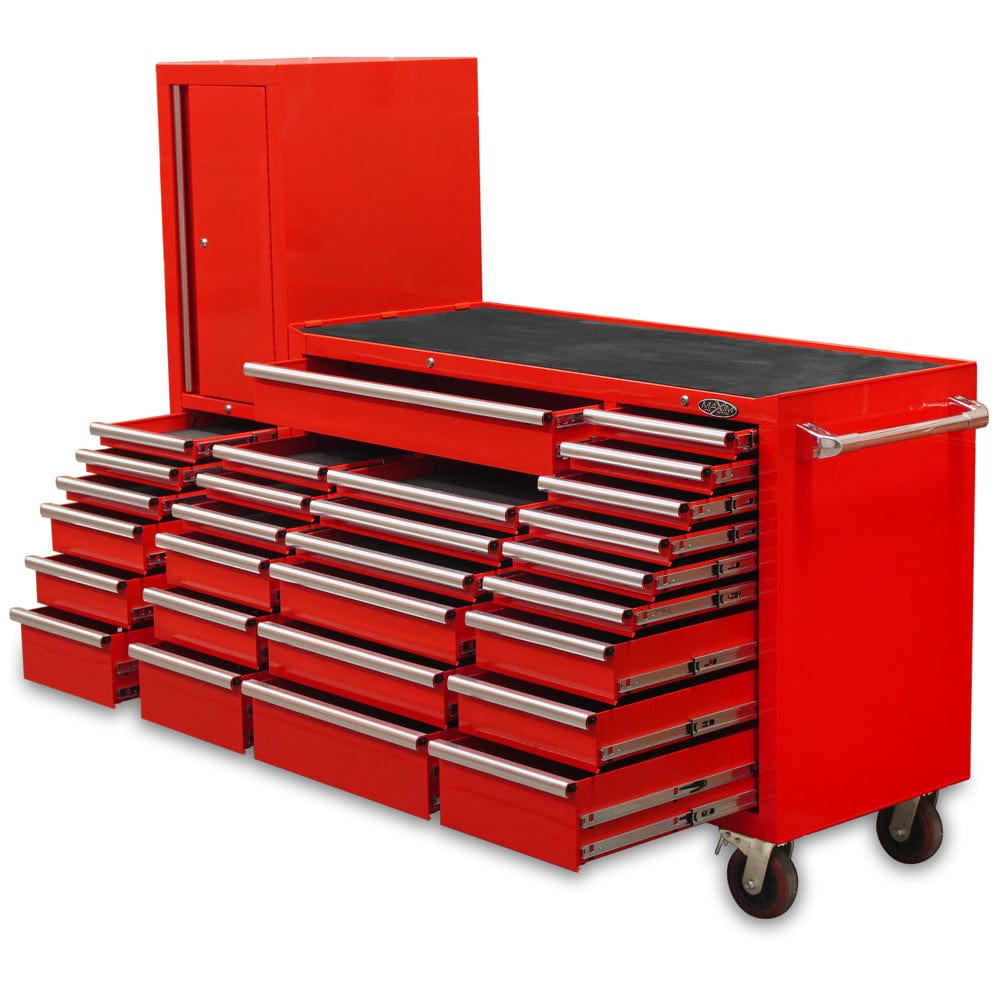 Maxim Pro Series 60” Workstation - 60” Roll cabinet, 20” Side locker +/- Stainless Steel Top MAXIM 80” Red 28 Drawer Workstation Toolbox - Roll Cabinet & Locker Workshop Tool Box Secure Lock