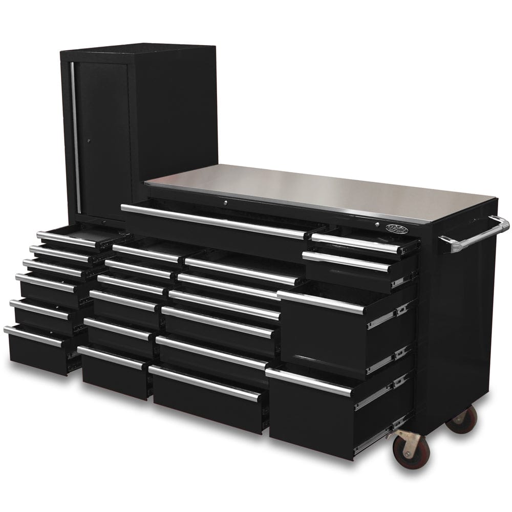 Maxim Pro Series 60” Workstation - 60” Roll cabinet, 20” Side locker +/- Stainless Steel Top Stainless Steel Top MAXIM 80” Black 23 Drawer Workstation Toolbox - Roll Cabinet & Locker Mechanics Tool Box Secure Lock