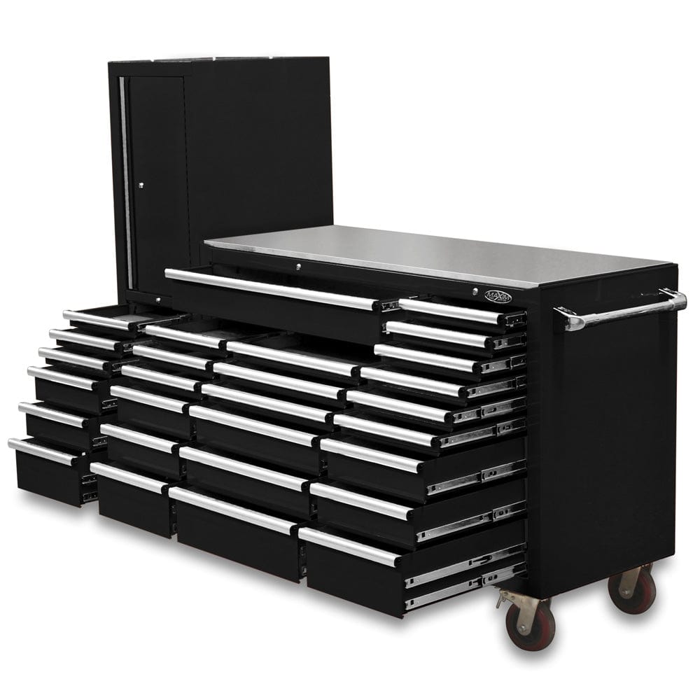 Maxim Pro Series 60” Workstation - 60” Roll cabinet, 20” Side locker +/- Stainless Steel Top Stainless Steel Top MAXIM 80” Black 28 Drawer Workstation Toolbox - Roll Cabinet & Locker Workshop Tool Box Secure Lock