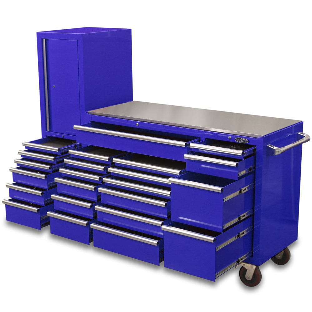 Maxim Pro Series 60” Workstation - 60” Roll cabinet, 20” Side locker +/- Stainless Steel Top Stainless Steel Top MAXIM 80” Blue 23 Drawer Workstation Toolbox - Roll Cabinet & Locker Mechanics Tool Box - Latch Lock