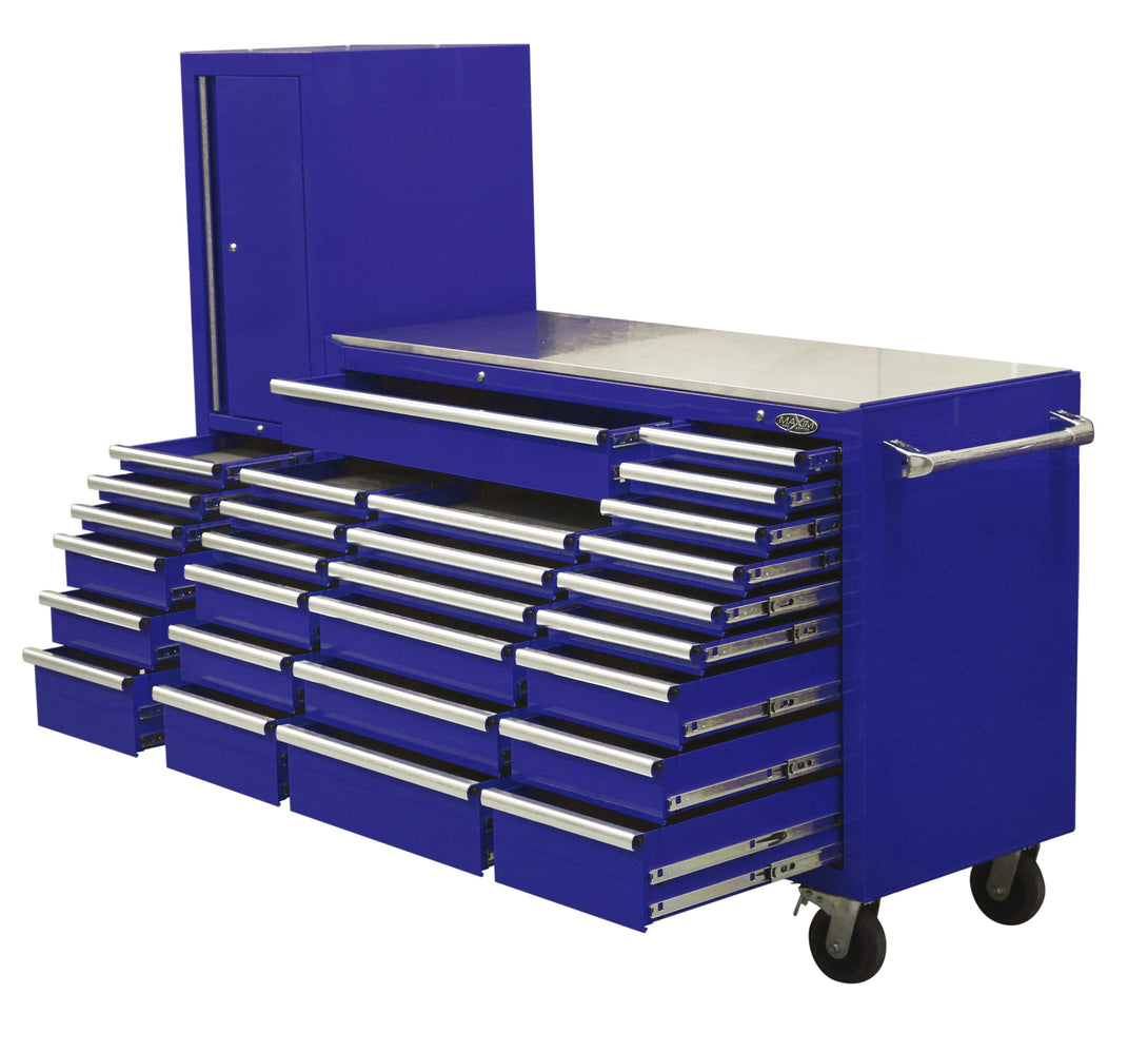 Maxim Pro Series 60” Workstation - 60” Roll cabinet, 20” Side locker +/- Stainless Steel Top Stainless Steel Top MAXIM 80” Blue 28 Drawer Workstation Toolbox - Roll Cabinet & Locker Workshop Tool Box Secure Lock