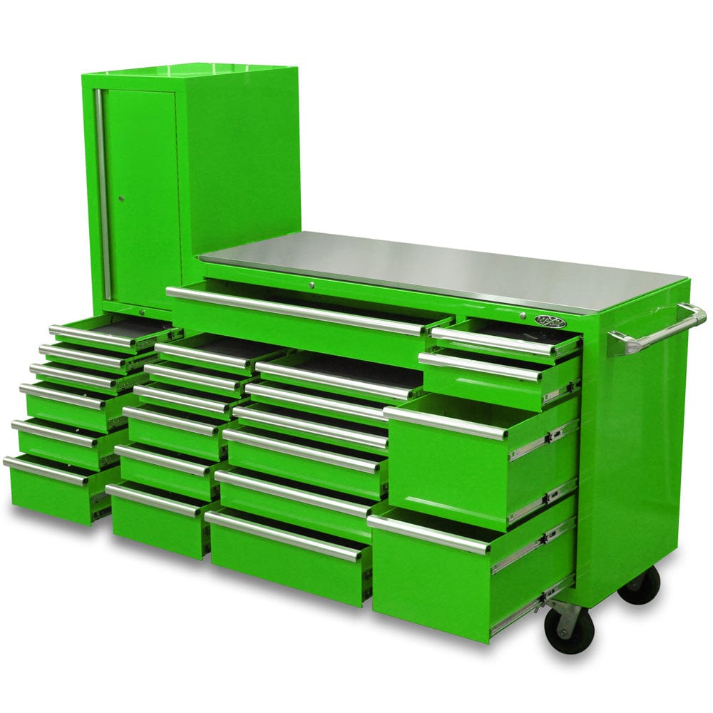 Maxim Pro Series 60” Workstation - 60” Roll cabinet, 20” Side locker +/- Stainless Steel Top Stainless Steel Top MAXIM 80” Green 23 Drawer Workstation Roll Cabinet & Locker Toolbox