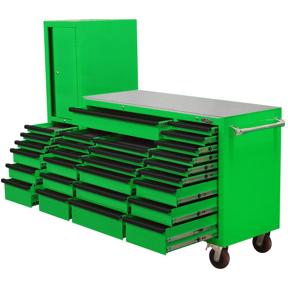 Maxim Pro Series 60” Workstation - 60” Roll cabinet, 20” Side locker +/- Stainless Steel Top Stainless Steel Top MAXIM 80” Green 28 Drawer Workstation Toolbox - Roll Cabinet & Locker