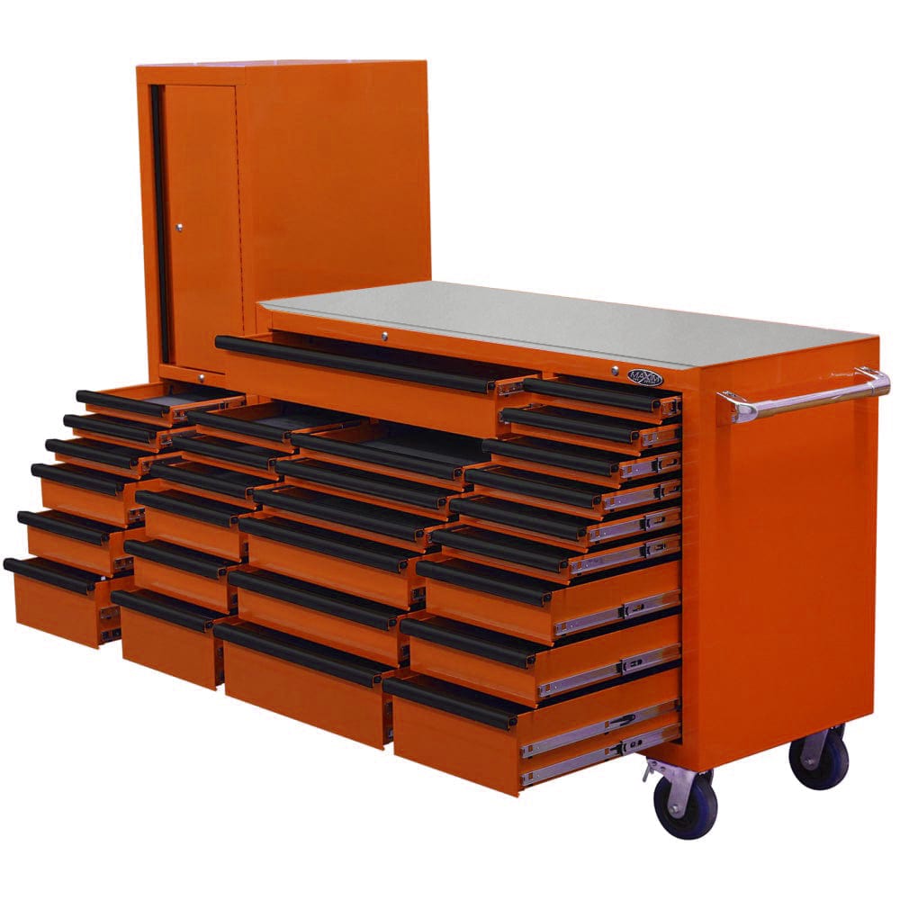 Maxim Pro Series 60” Workstation - 60” Roll cabinet, 20” Side locker +/- Stainless Steel Top Stainless Steel Top MAXIM 80” Orange 28 Drawer Workstation Toolbox - Roll Cabinet & Locker Toolbox Secure Lock