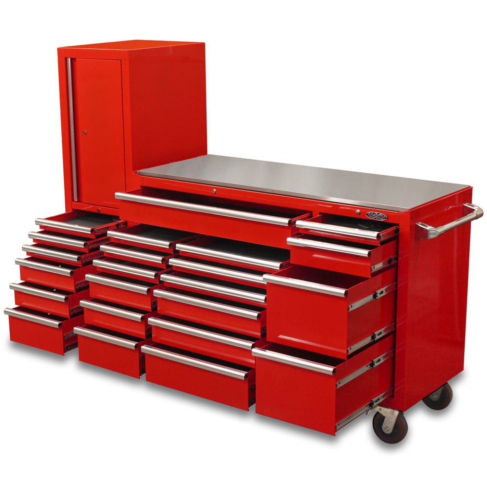 Maxim Pro Series 60” Workstation - 60” Roll cabinet, 20” Side locker +/- Stainless Steel Top Stainless Steel Top MAXIM 80” Red 23 Drawer Workstation Toolbox - Roll Cabinet & Locker Mechanics Tool Box - Latch Lock