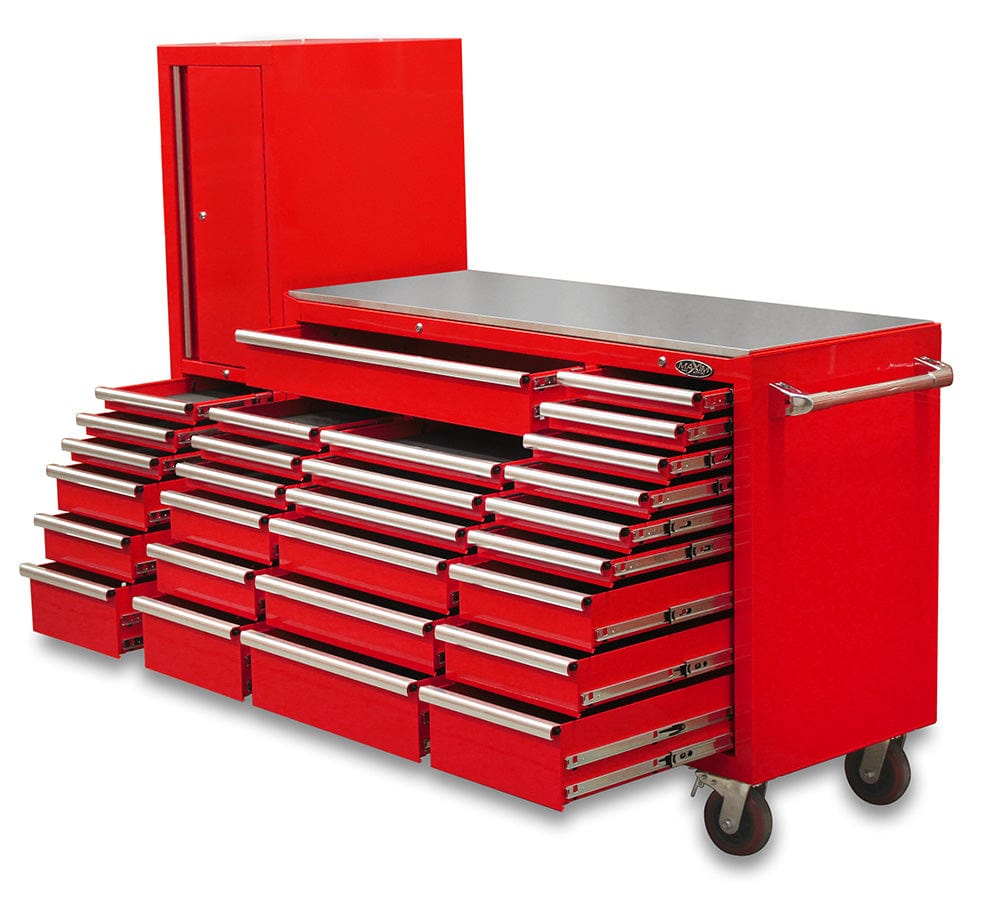 Maxim Pro Series 60” Workstation - 60” Roll cabinet, 20” Side locker +/- Stainless Steel Top Stainless Steel Top MAXIM 80” Red 28 Drawer Workstation Toolbox - Roll Cabinet & Locker Workshop Tool Box Secure Lock