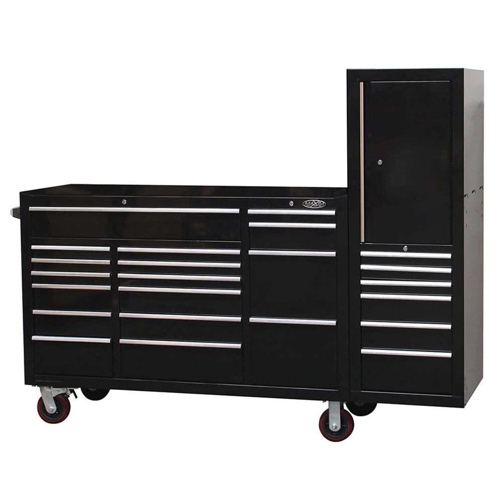 Maxim Pro Series 60” Workstation - 60” Roll cabinet, 20” Side locker +/- Stainless Steel Top Standard Top MAXIM 80” Black 23 Drawer Workstation Toolbox - Roll Cabinet & Locker Mechanics Tool Box Secure Lock