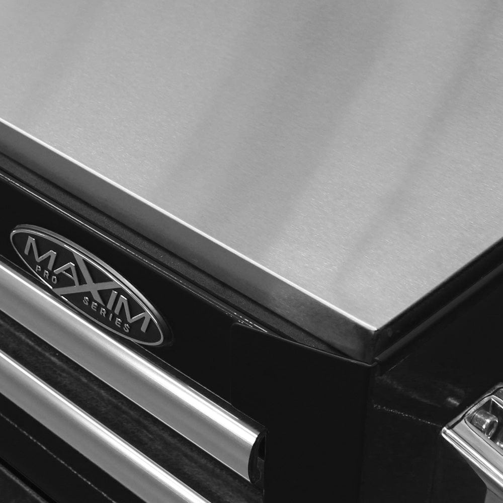 Maxim Pro Series 60” Workstation - 60” Roll cabinet +/- Stainless Steel Top MAXIM 60” Black 17 Drawer Roll Cabinet Toolbox