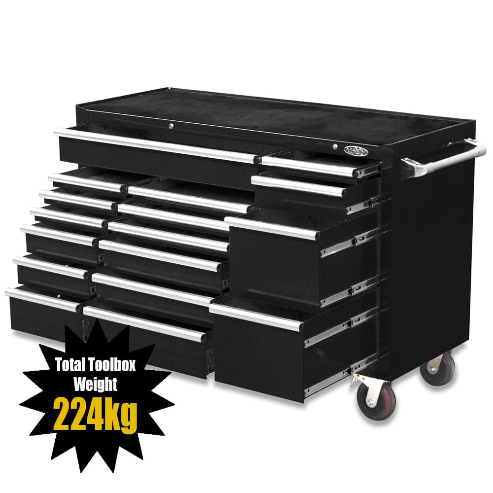 Maxim Pro Series 60” Workstation - 60” Roll cabinet +/- Stainless Steel Top MAXIM 60” Black 17 Drawers Roll Cabinet Toolbox - Latch Lock on Drawers