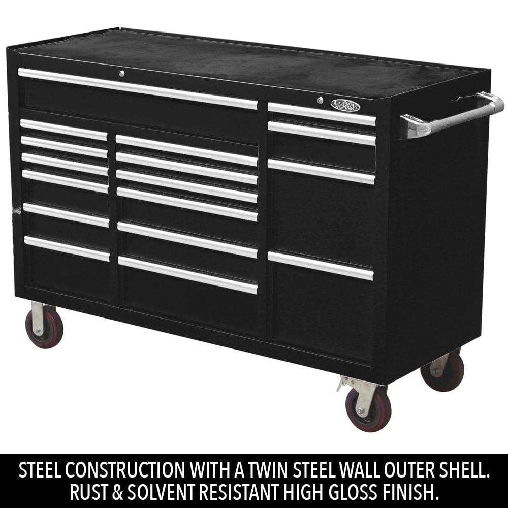 Maxim Pro Series 60” Workstation - 60” Roll cabinet +/- Stainless Steel Top MAXIM 60” Black 17 Drawers Roll Cabinet Toolbox - Latch Lock on Drawers