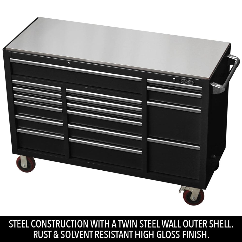 Maxim Pro Series 60” Workstation - 60” Roll cabinet +/- Stainless Steel Top MAXIM 60” Black 17 Drawers Roll Cabinet Toolbox - Latch Lock on Drawers