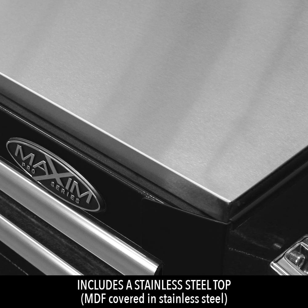 Maxim Pro Series 60” Workstation - 60” Roll cabinet +/- Stainless Steel Top MAXIM 60” Black 17 Drawers Roll Cabinet Toolbox - Latch Lock on Drawers