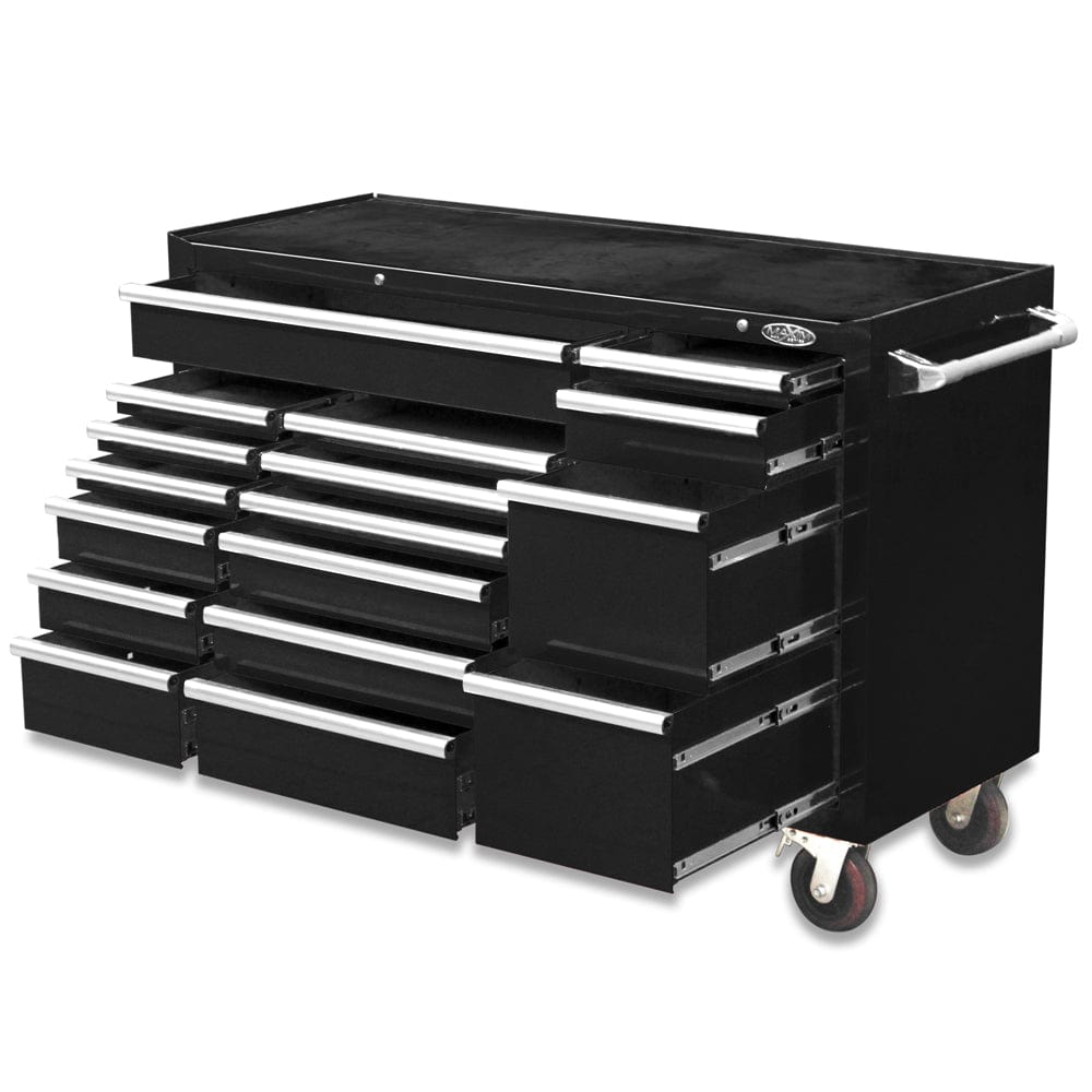 Maxim Pro Series 60” Workstation - 60” Roll cabinet +/- Stainless Steel Top MAXIM 60” Black 17 Drawers Roll Cabinet Toolbox - Latch Lock on Drawers