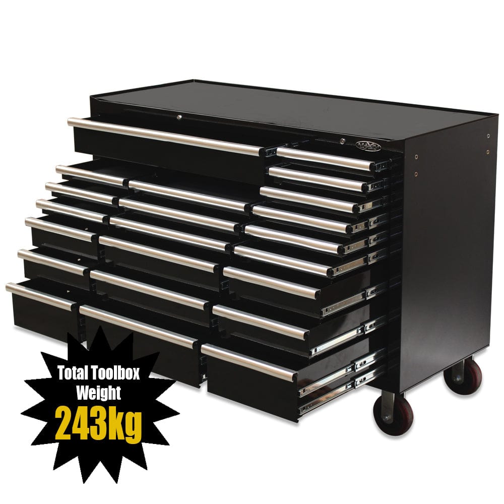 Maxim Pro Series 60” Workstation - 60” Roll cabinet +/- Stainless Steel Top MAXIM 60” Black 22 Drawer Roll Cabinet Toolbox - Latch Lock on Drawers