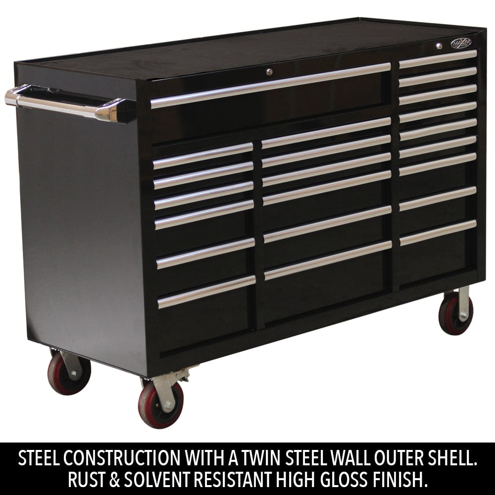 Maxim Pro Series 60” Workstation - 60” Roll cabinet +/- Stainless Steel Top MAXIM 60” Black 22 Drawer Roll Cabinet Toolbox - Latch Lock on Drawers