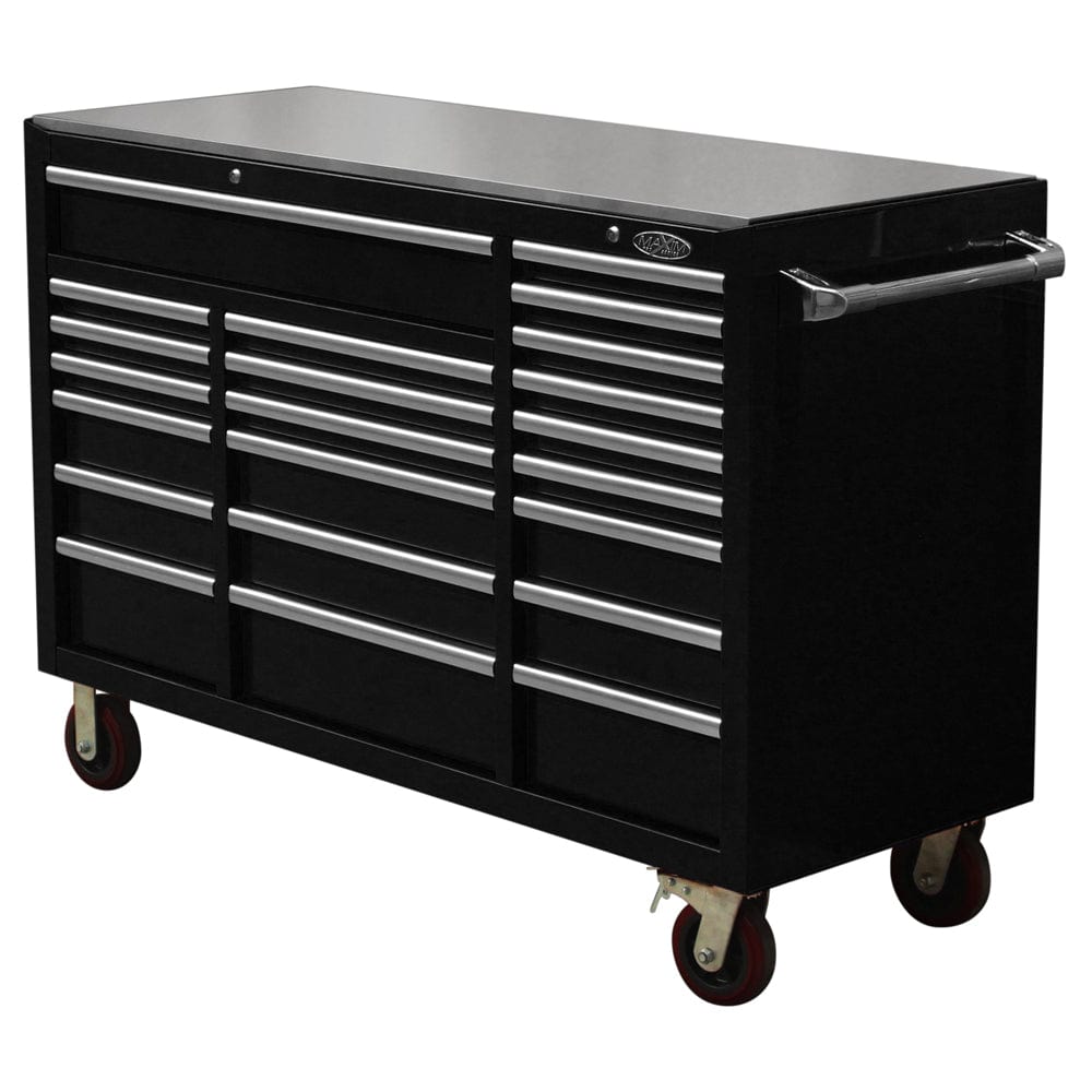 Maxim Pro Series 60” Workstation - 60” Roll cabinet +/- Stainless Steel Top MAXIM 60” Black 22 Drawer Roll Cabinet Toolbox - Latch Lock on Drawers