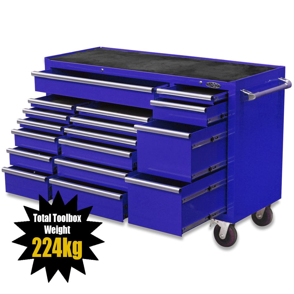 Maxim Pro Series 60” Workstation - 60” Roll cabinet +/- Stainless Steel Top MAXIM 60” Blue 17 Drawers Roll Cabinet Toolbox - Latch Lock on Drawers