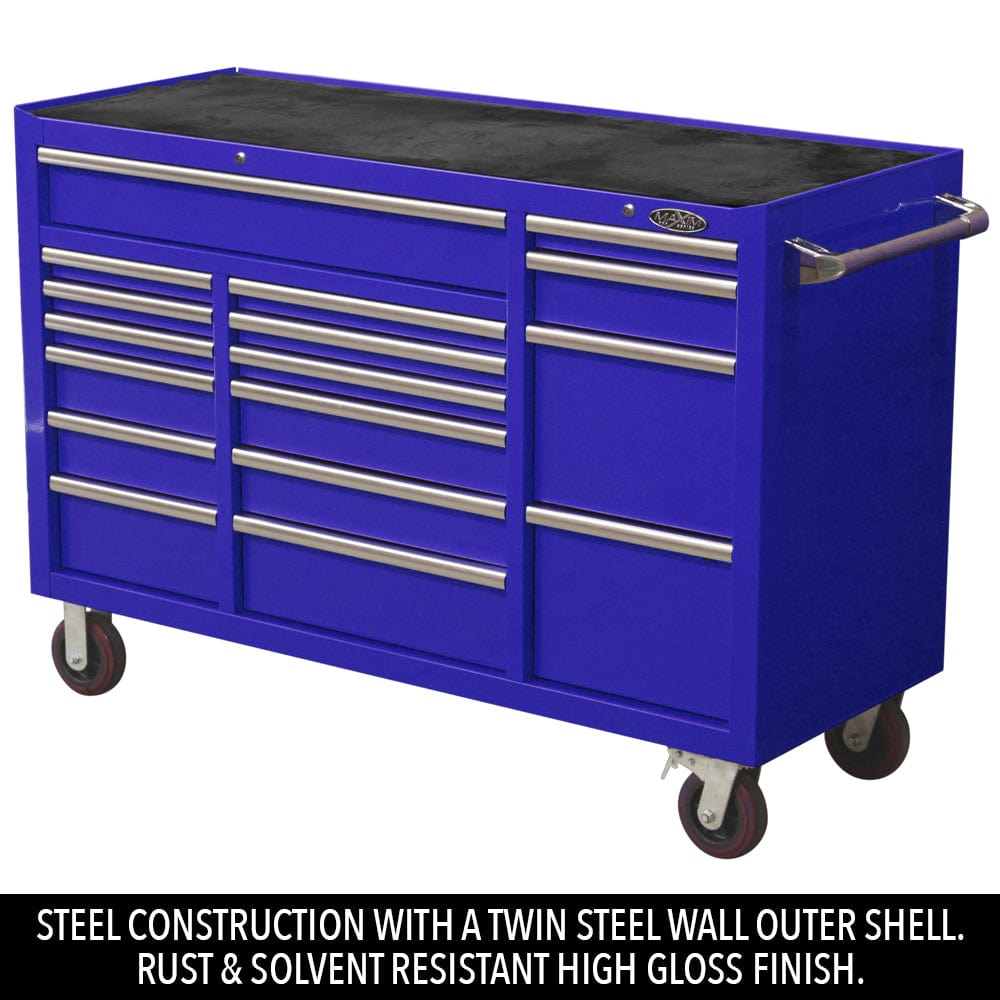 Maxim Pro Series 60” Workstation - 60” Roll cabinet +/- Stainless Steel Top MAXIM 60” Blue 17 Drawers Roll Cabinet Toolbox - Latch Lock on Drawers