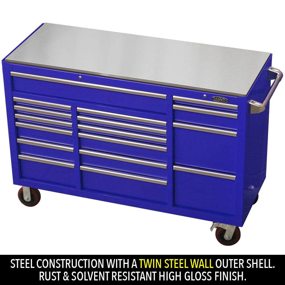 Maxim Pro Series 60” Workstation - 60” Roll cabinet +/- Stainless Steel Top MAXIM 60” Blue 17 Drawers Roll Cabinet Toolbox - Latch Lock on Drawers