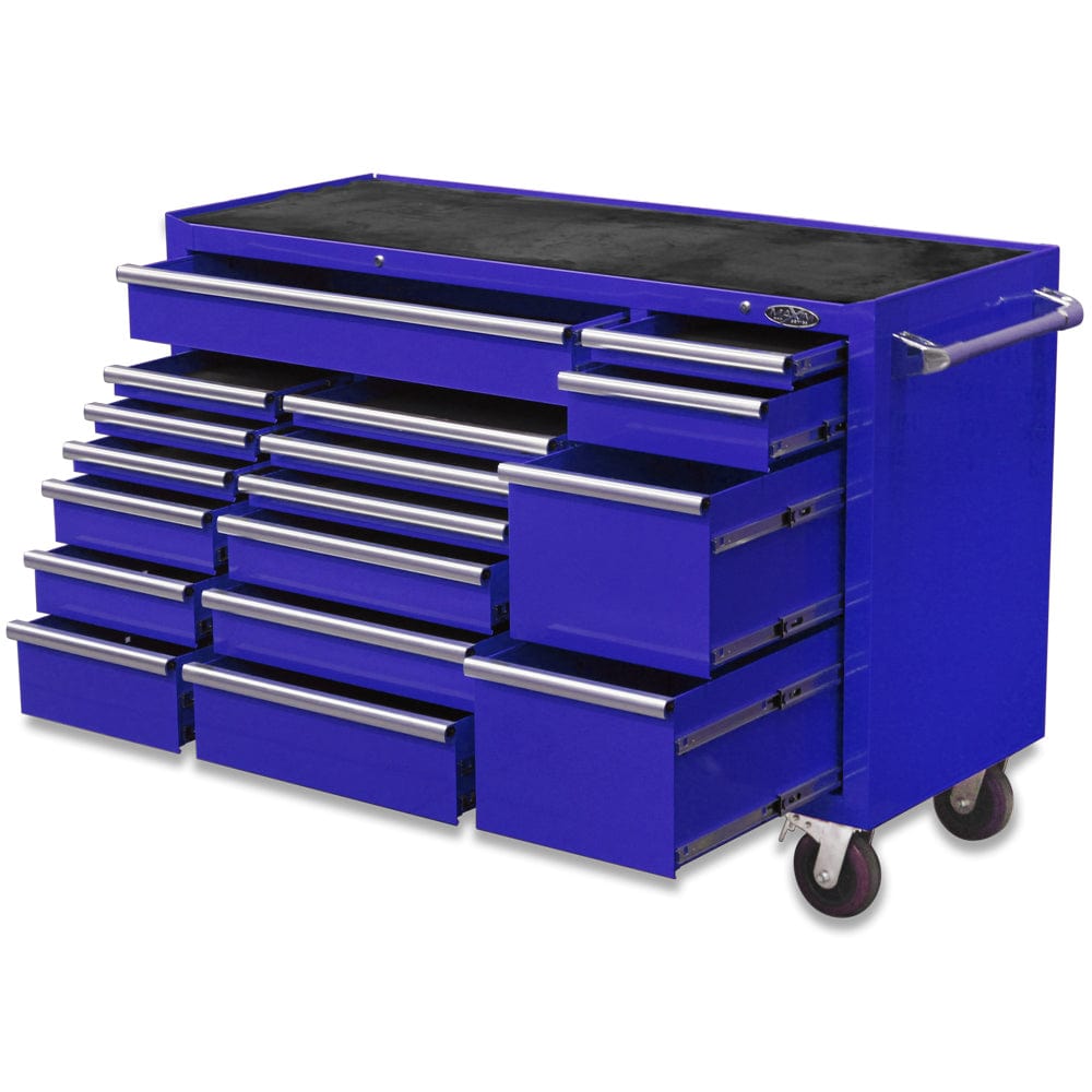 Maxim Pro Series 60” Workstation - 60” Roll cabinet +/- Stainless Steel Top MAXIM 60” Blue 17 Drawers Roll Cabinet Toolbox - Latch Lock on Drawers