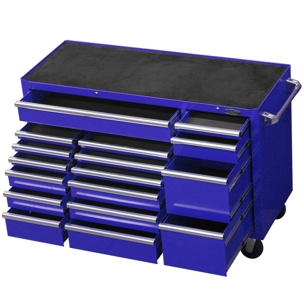 Maxim Pro Series 60” Workstation - 60” Roll cabinet +/- Stainless Steel Top MAXIM 60” Blue 17 Drawers Roll Cabinet Toolbox - Latch Lock on Drawers