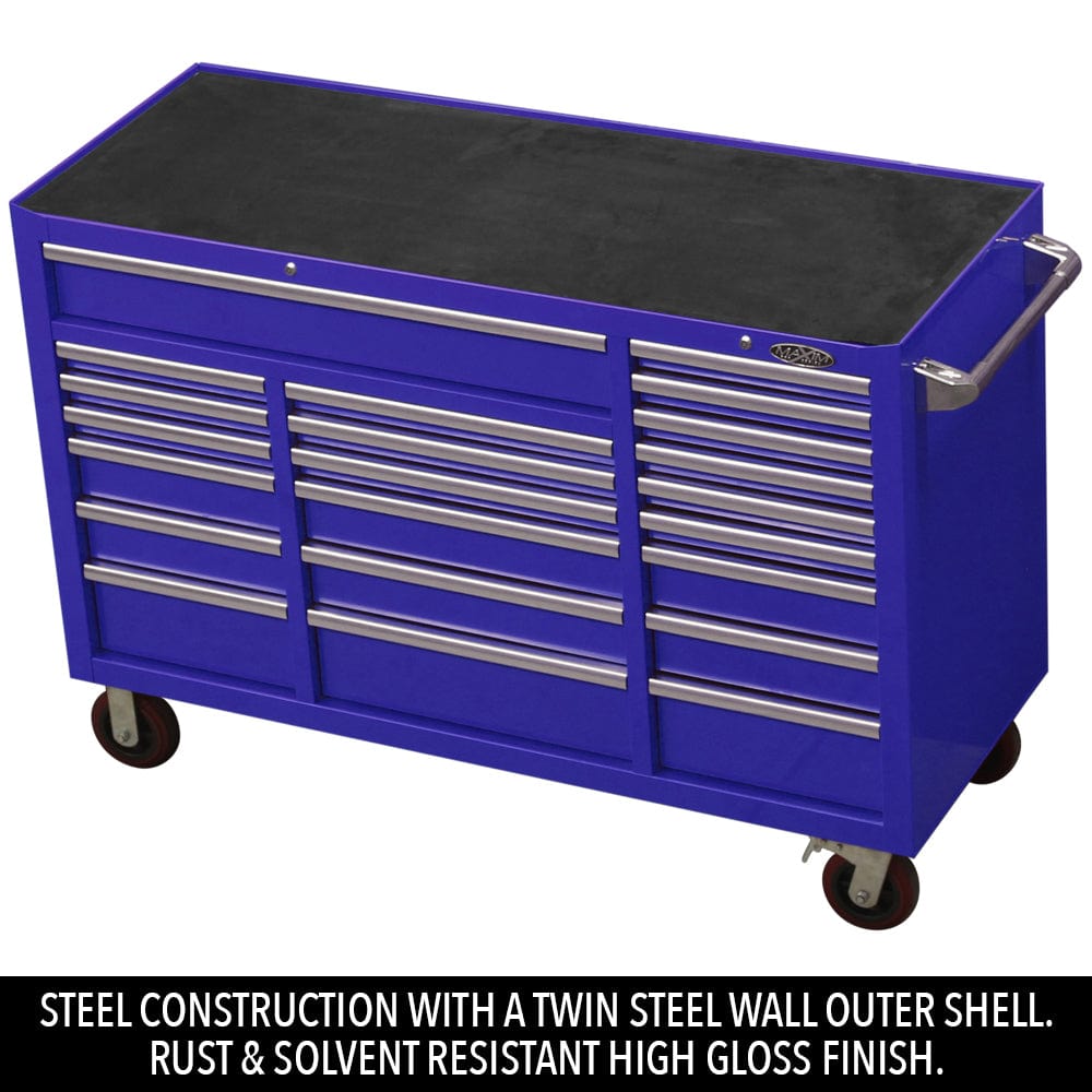 Maxim Pro Series 60” Workstation - 60” Roll cabinet +/- Stainless Steel Top MAXIM 60” Blue 22 Drawers Roll Cabinet Toolbox - Latch Lock on Drawers