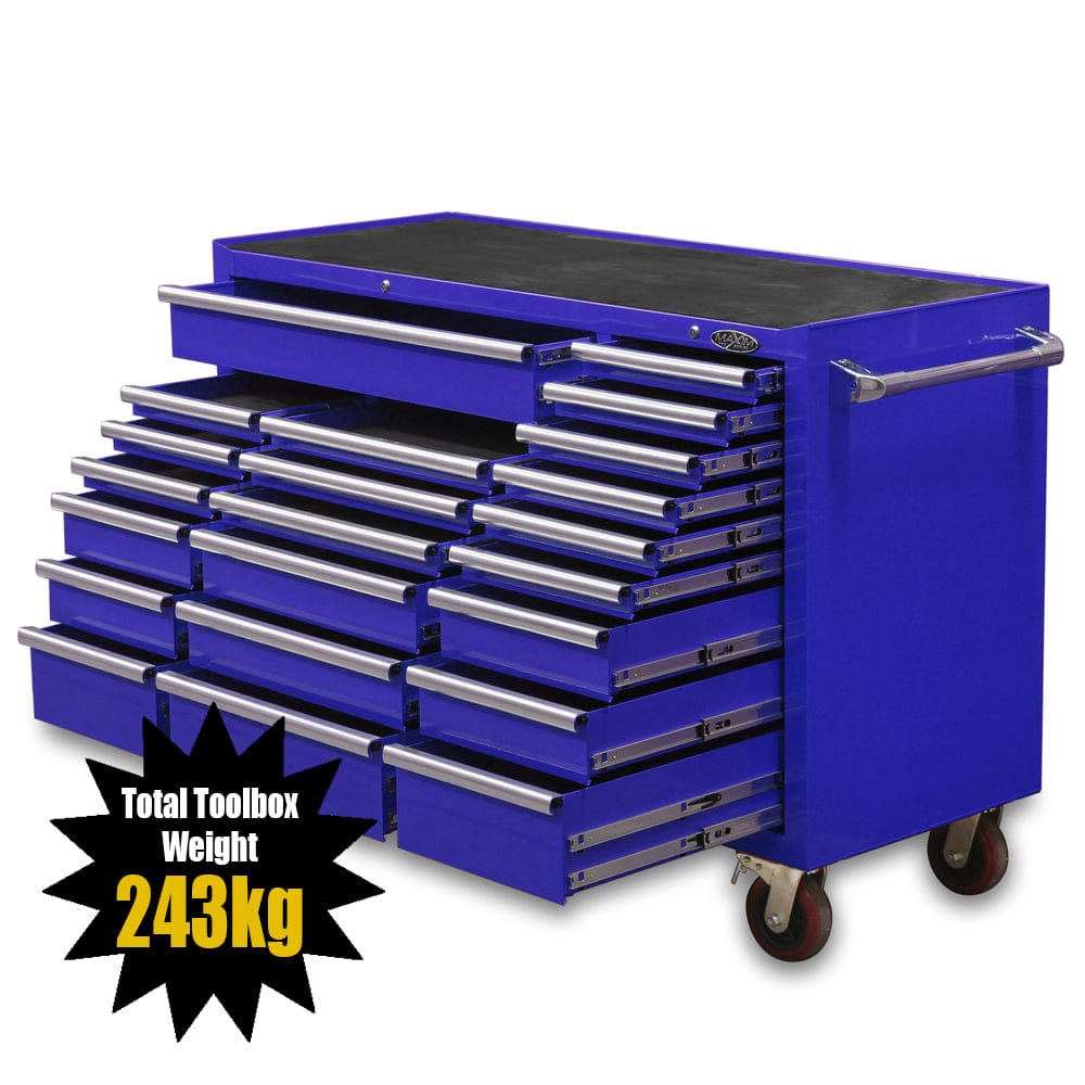 Maxim Pro Series 60” Workstation - 60” Roll cabinet +/- Stainless Steel Top MAXIM 60” Blue 22 Drawers Roll Cabinet Toolbox - Latch Lock on Drawers