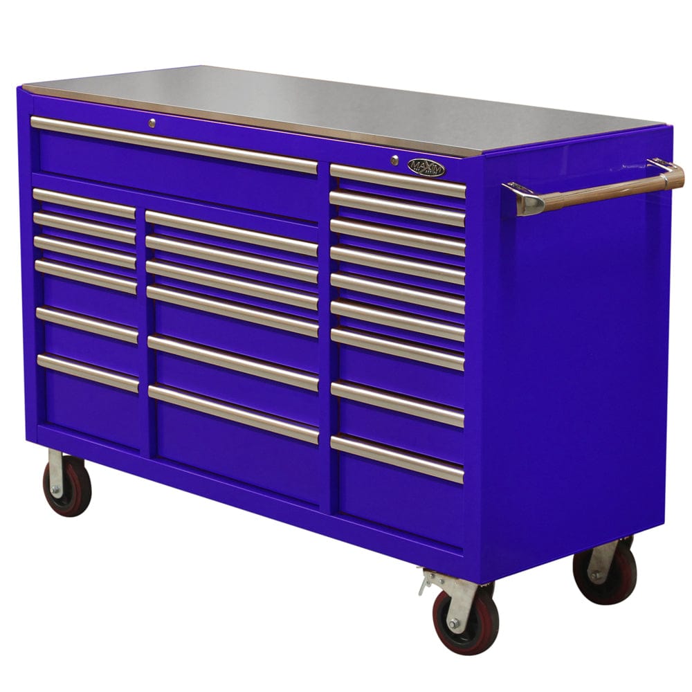 Maxim Pro Series 60” Workstation - 60” Roll cabinet +/- Stainless Steel Top MAXIM 60” Blue 22 Drawers Roll Cabinet Toolbox - Latch Lock on Drawers