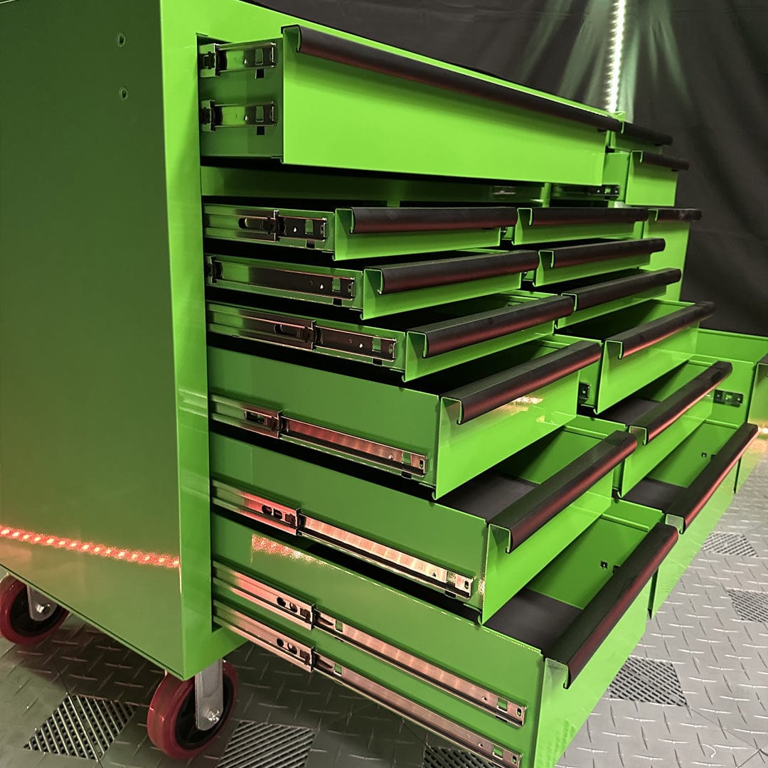 Maxim Pro Series 60” Workstation - 60” Roll cabinet +/- Stainless Steel Top MAXIM 60” Green 17 Drawer Roll Cabinet Toolbox