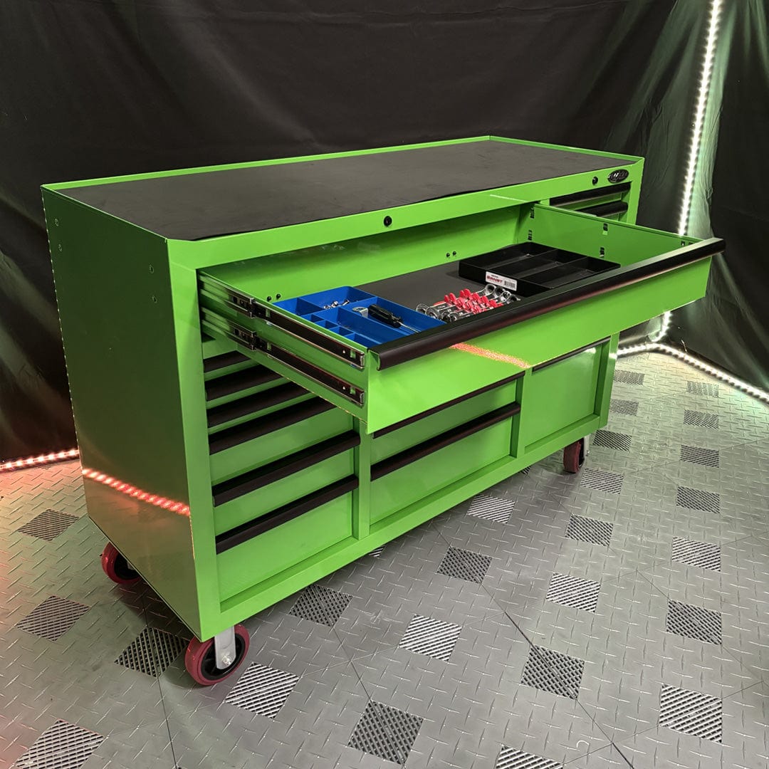 Maxim Pro Series 60” Workstation - 60” Roll cabinet +/- Stainless Steel Top MAXIM 60” Green 17 Drawer Roll Cabinet Toolbox